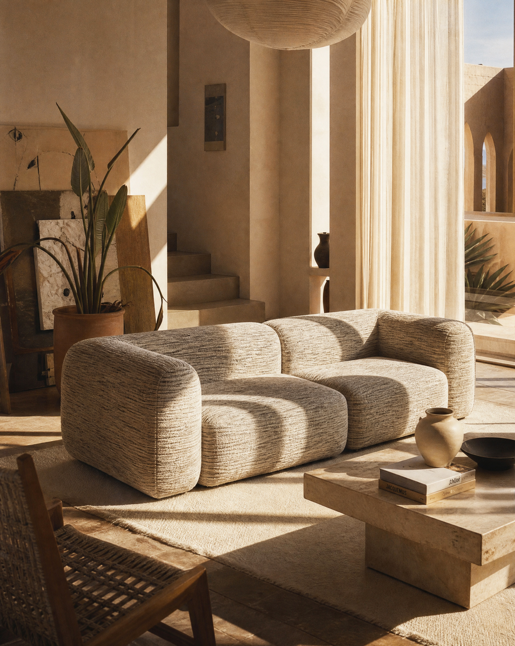 Canapé BUENAVENTURA beige en tissu chiné — ambiance Bohemian Home