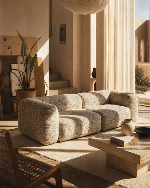 Canapé BUENAVENTURA beige en tissu chiné — ambiance Bohemian Home